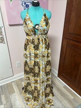 Gold & Black Scroll Print Halter Maxi Dress